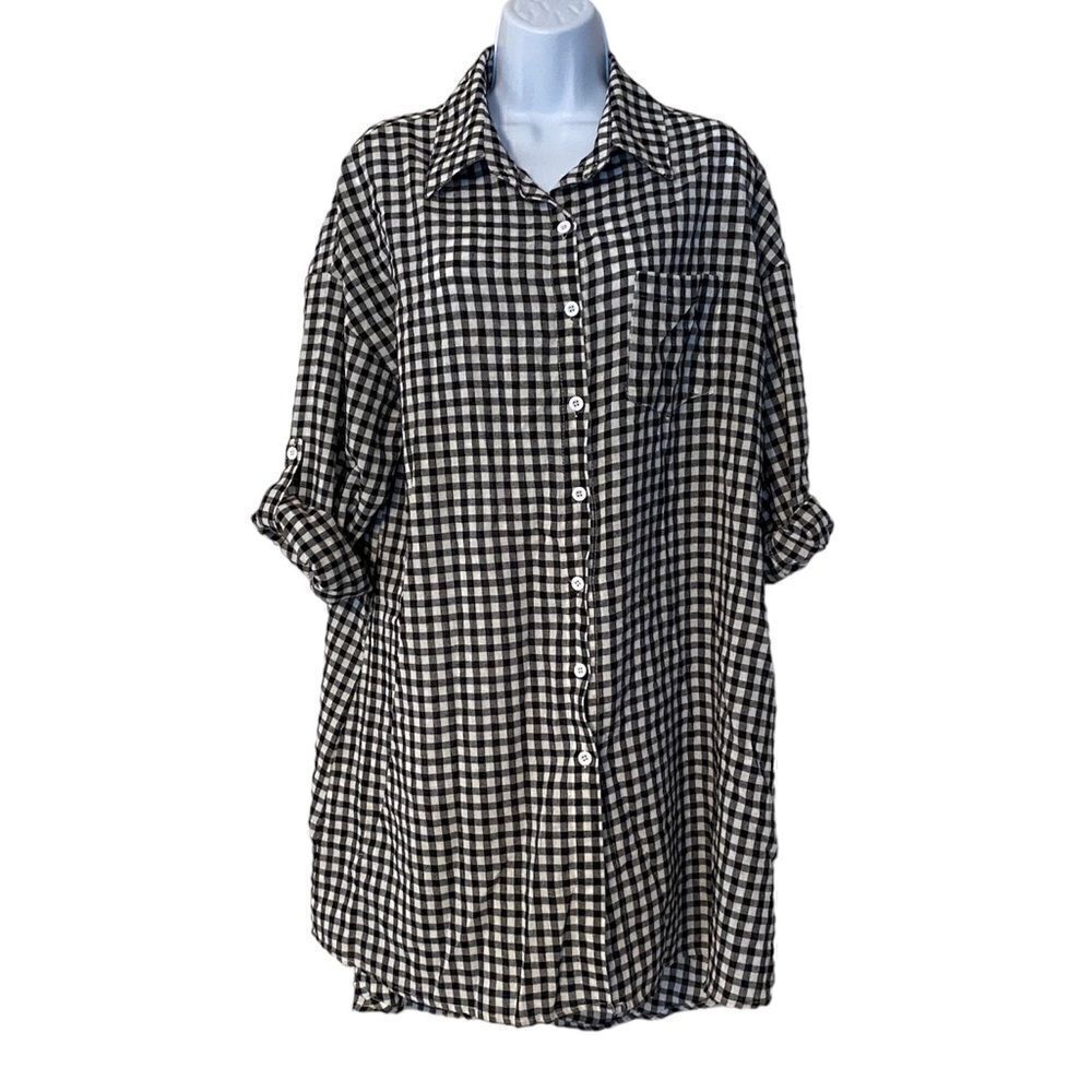 Love Culture Black and White Checked Buttoned Down Oversized Long Top